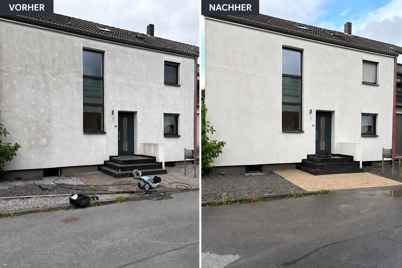 Vorher-Nachher-Vergleich einer gereinigten Hausfront
