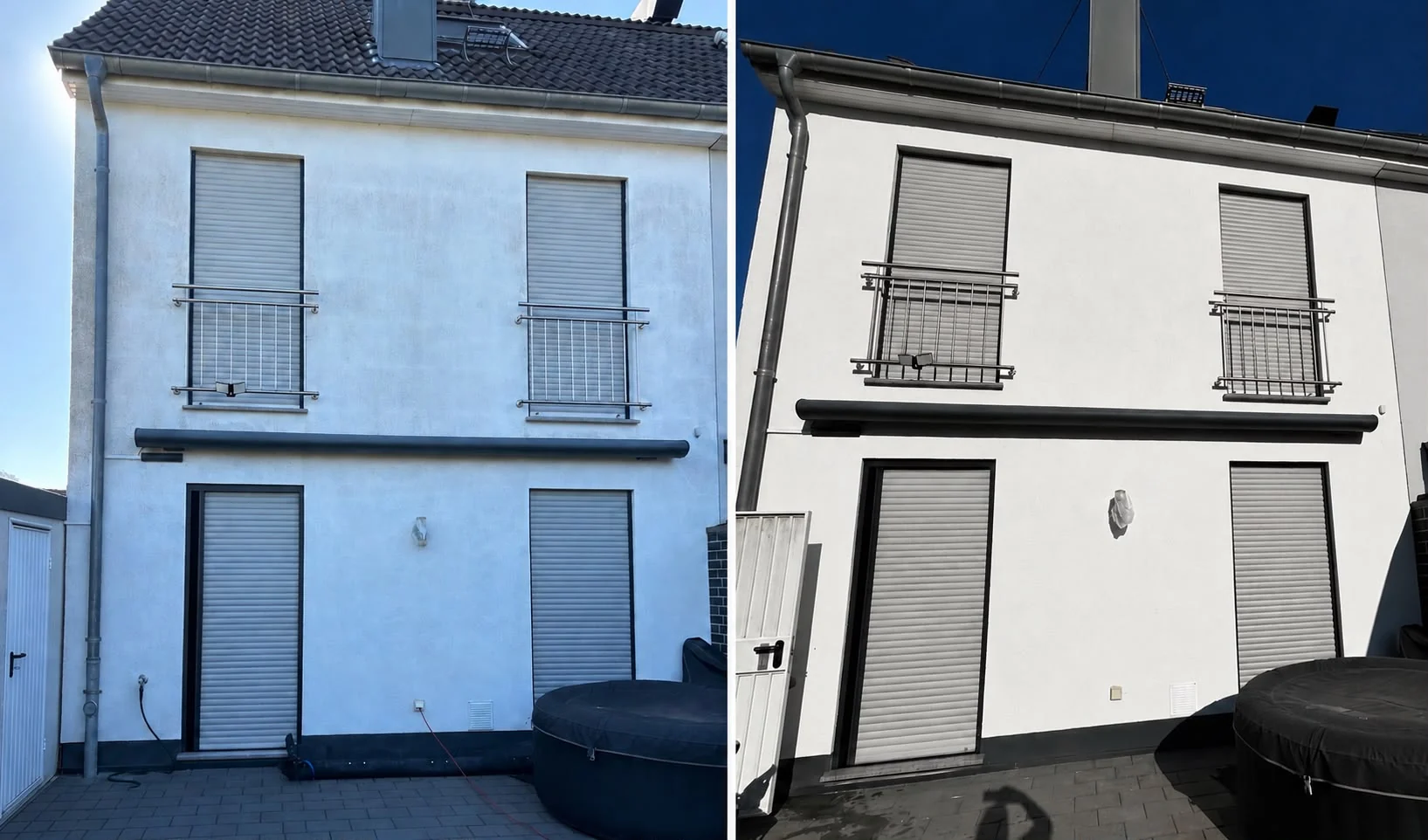 Vorher-Nachher-Vergleich einer gereinigten Hausfassade